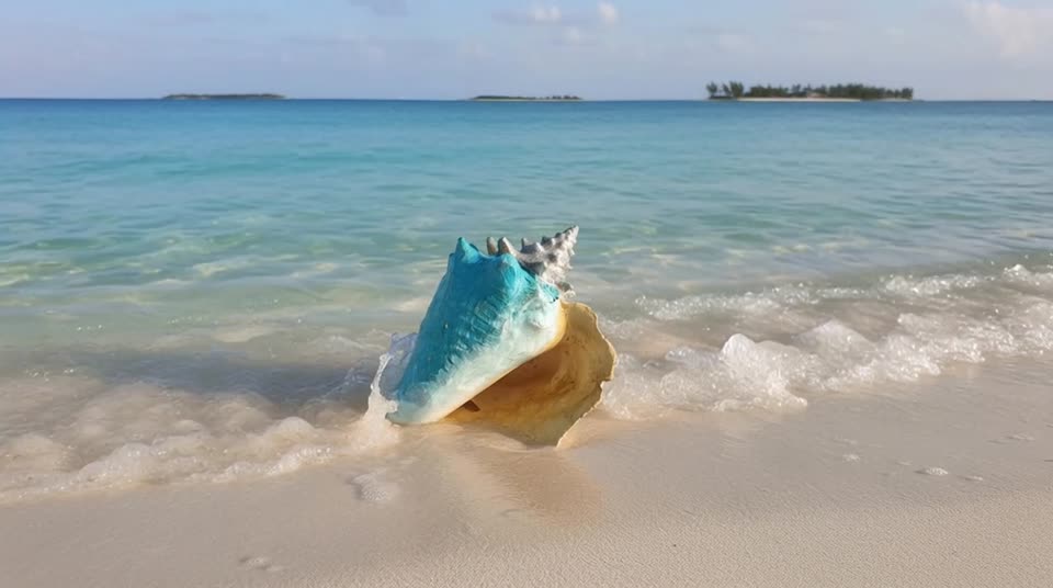 A hand-painted conch shell in the surf on a Bahamian beach